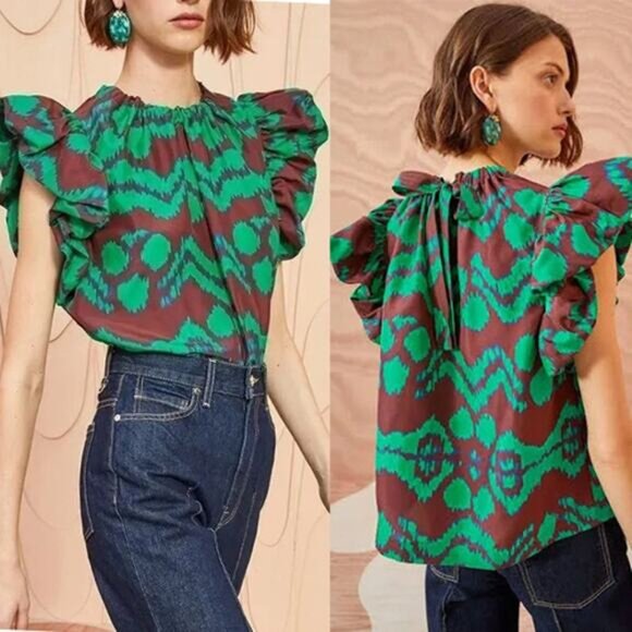 NEW Ulla Johnson Iren Abstract Silk Crew-Neck Ruffled Blouse Top - Picture 1 of 7